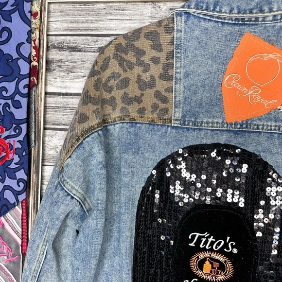 Recycled UpCycled Vintage NWOT Tito’s Crown Royal Denim Jean Jacket Gypsy Hippie - Picture 5 of 7